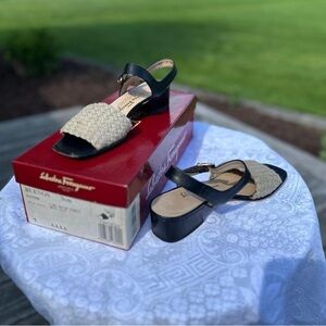 Salvatore Ferragamo Black and Cream Slingback Block Heel Sandal